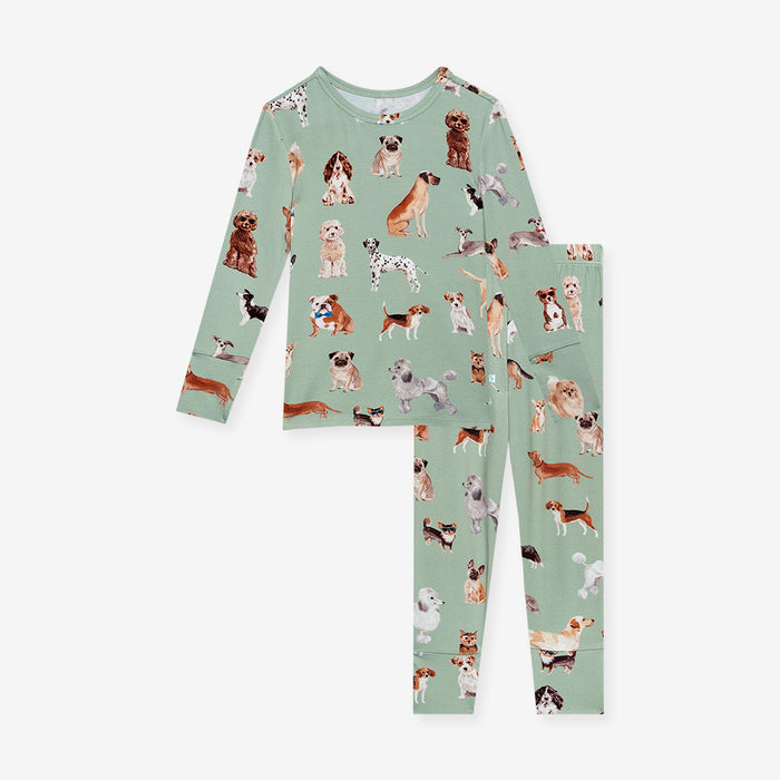 front image of green pajama set with dog patterned print.
