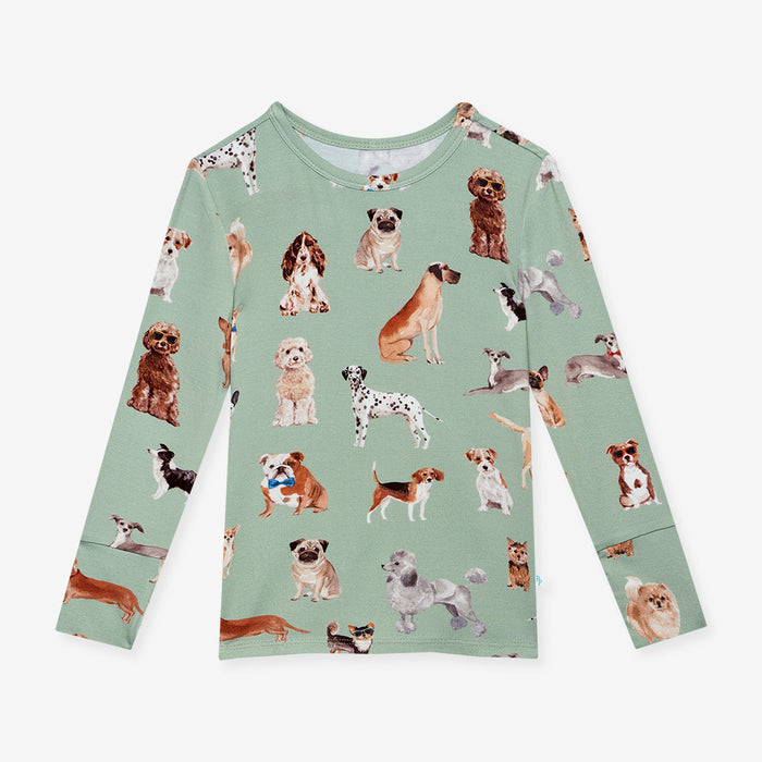 close up of green dog printed pajama top