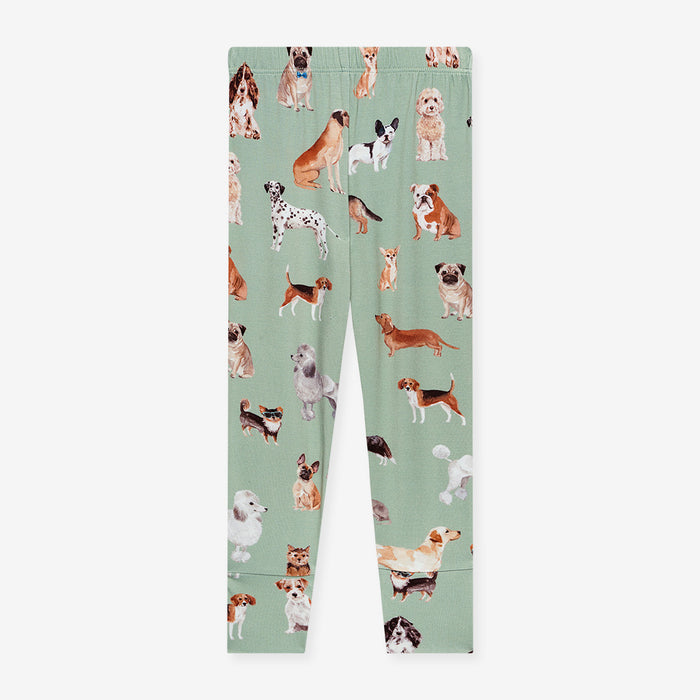 close up of green pajama pants with dog pattern print