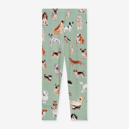 close up of green pajama pants with dog pattern print