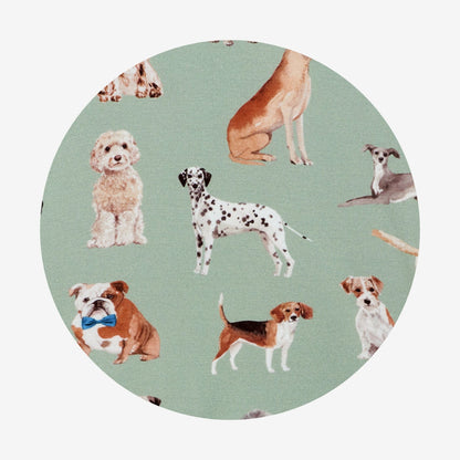 circle swatch of dog patterned print