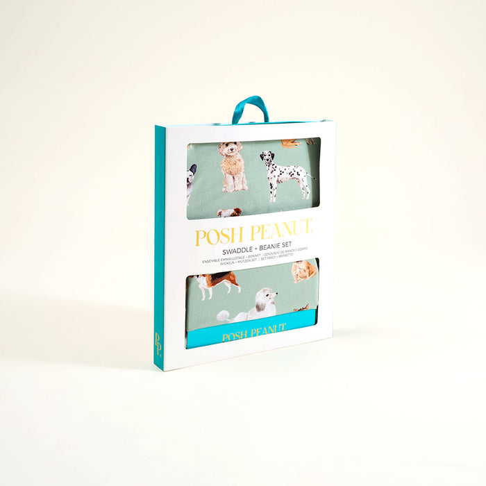 Posh Peanut swaddle and beanie set packaging on a white background