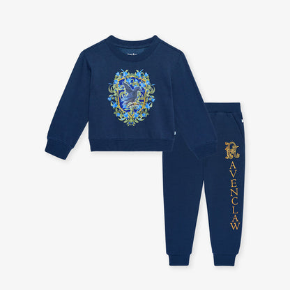 Navy blue harry potter inspired jogger set with decorative emblem and 'Ravenclaw' text on a white background
