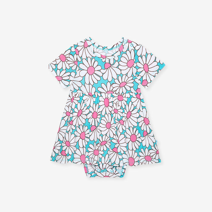 Floral-patterned baby bodysuit dress on a white background