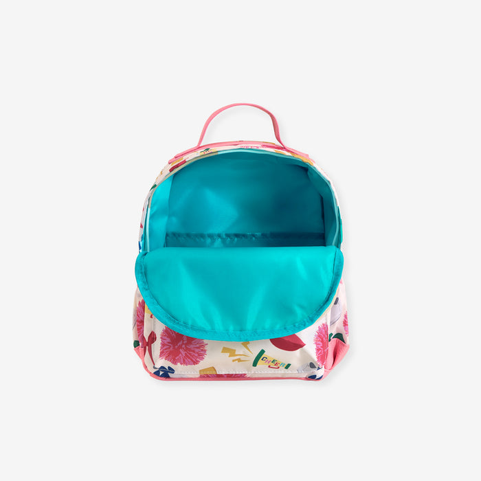 Colorful backpack with floral pattern on a white background