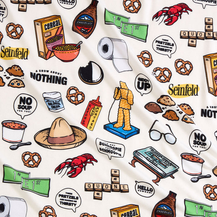 Pattern of Seinfeld-themed graphics on a white background