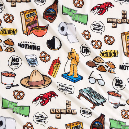 Pattern of Seinfeld-themed graphics on a white background
