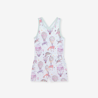 Children's romper with hot air balloon and animal print on a white background