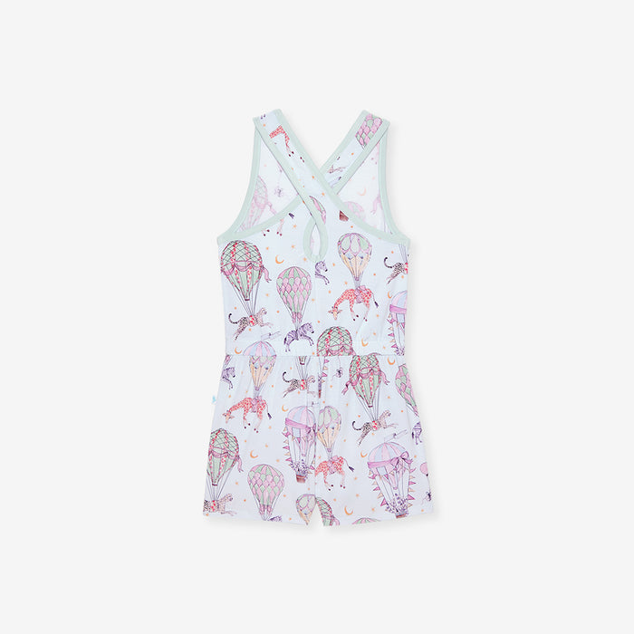 Children's romper with elephant and hot air balloon pattern on a white background