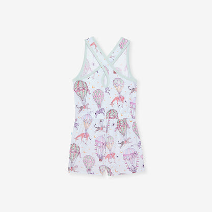Children's romper with elephant and hot air balloon pattern on a white background
