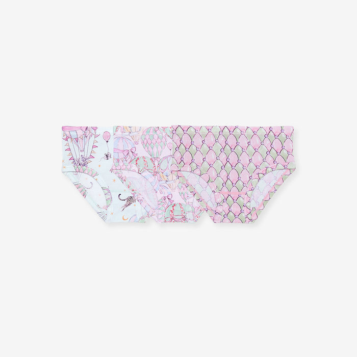 Pink and green patterned briefs set on a white background