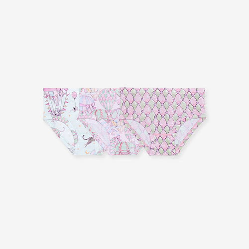 Pink and green patterned briefs set on a white background