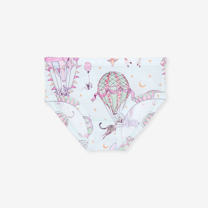 briefs with hot air balloon and animal pattern on a light blue backgrounds