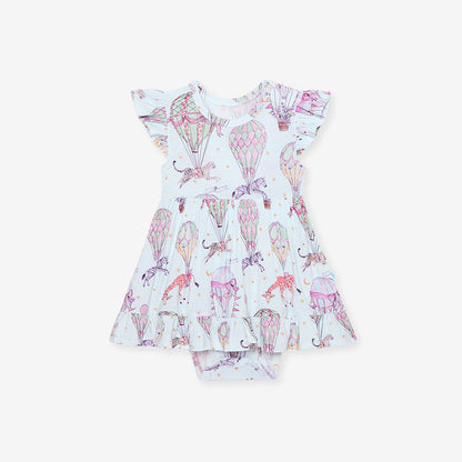 Children's dress with hot air balloon pattern on a white background