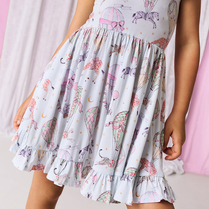 Skirt close up of circus printed dress