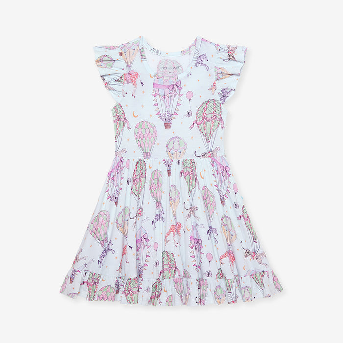 Children's dress with hot air balloon pattern on a white background