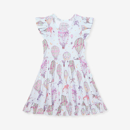 Children's dress with hot air balloon pattern on a white background