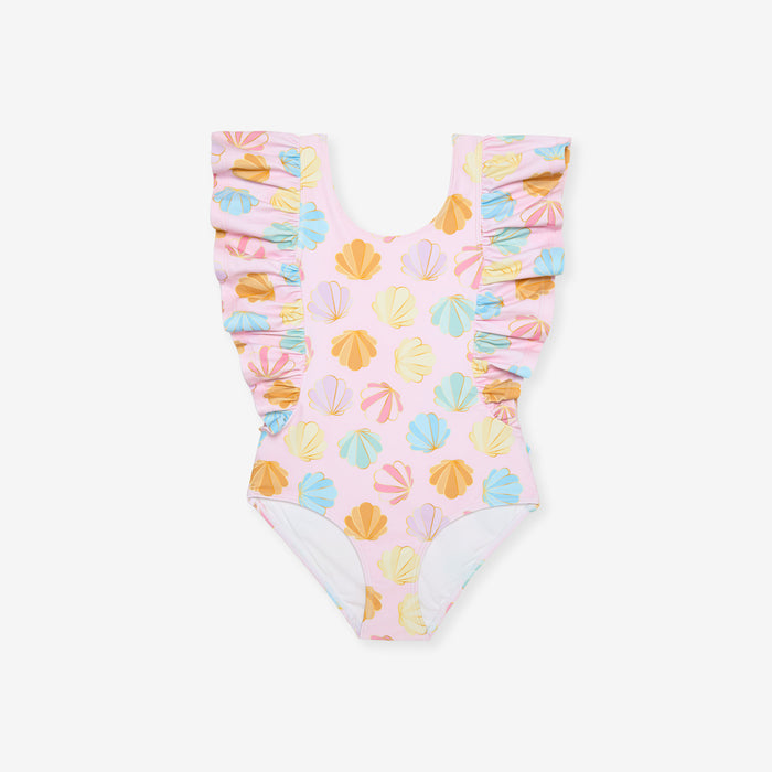 One-piece swimsuit with shell pattern on a white background