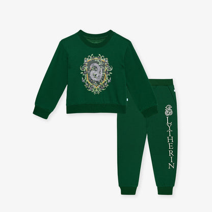 Green Harry Potter Slytherin sweatshirt and jogger set on a white background.