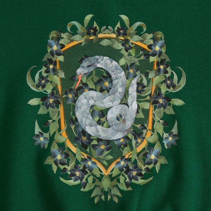 Close up of Harry Potter Slytherin logo on green fabric.
