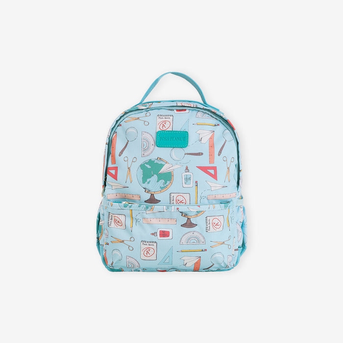 Backpack with educational design on a light blue background