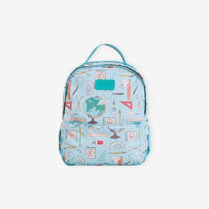 Backpack with educational design on a light blue background