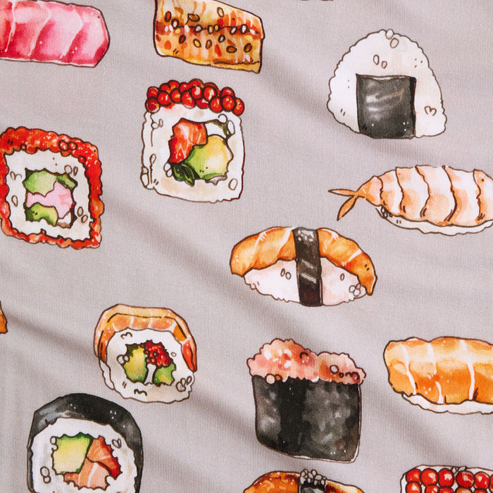 Pattern of cartoon-style sushi rolls on a light gray background