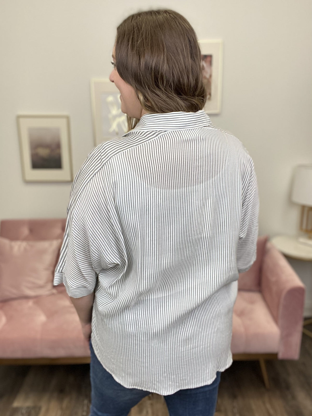 Get Going Women's Striped Button Down Oversized 1/2 Sleeve Top
