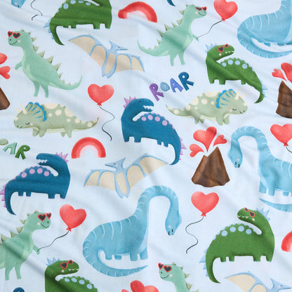 Pattern of colorful dinosaurs and heart balloons on a light blue background