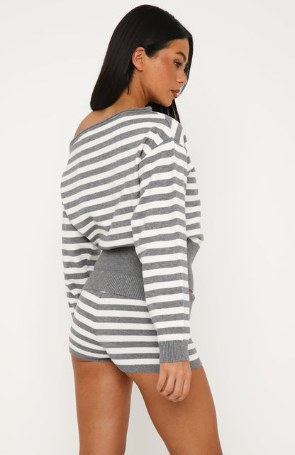 Everything To Everybody Booty Shorts Grey Marle/White Stripe